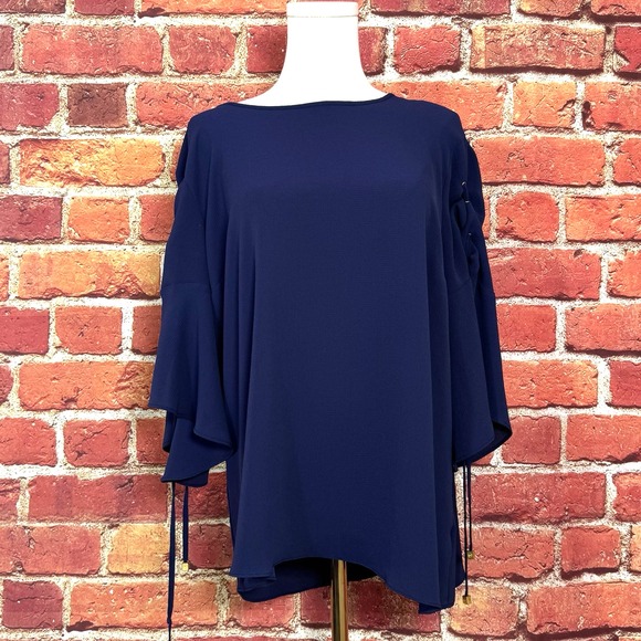 Michael Kors Navy Chiffon‎ Key Hole Blouse With Tassels Women's Size XL Business - Picture 1 of 15